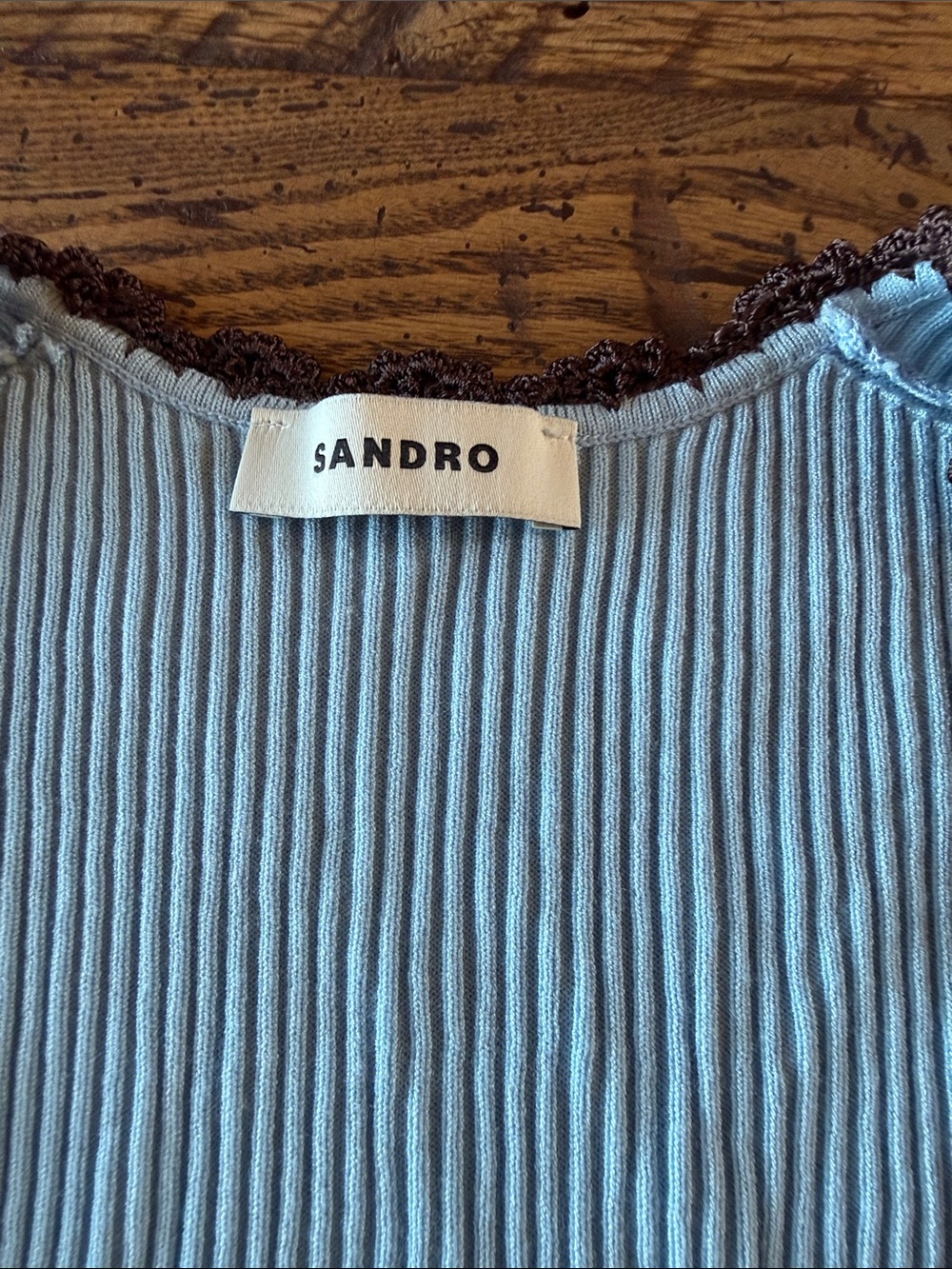 Sandro Light Blue Ribbed Tank with Brown Crochet Edge - Picture 2 of 4